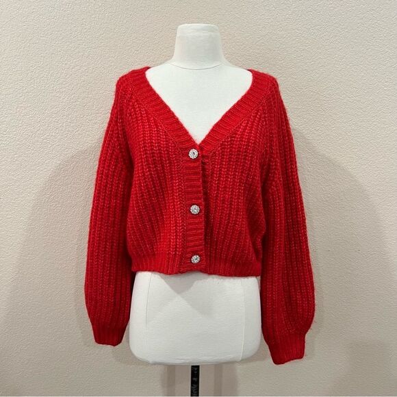 Jessica Simpson Red Cropped Wool Cardigan with Rhinestone Buttons Size Medium - Picture 7 of 14